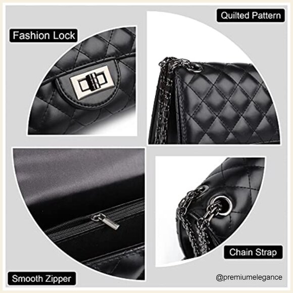 Quilted Crossbody Shoulder Bag with Chain Strap, Faux Leather, Medium Size - Picture 6 of 7